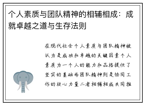 个人素质与团队精神的相辅相成：成就卓越之道与生存法则