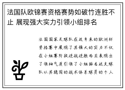 法国队欧锦赛资格赛势如破竹连胜不止 展现强大实力引领小组排名