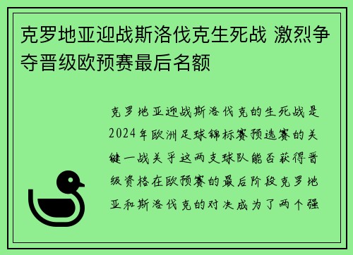 克罗地亚迎战斯洛伐克生死战 激烈争夺晋级欧预赛最后名额